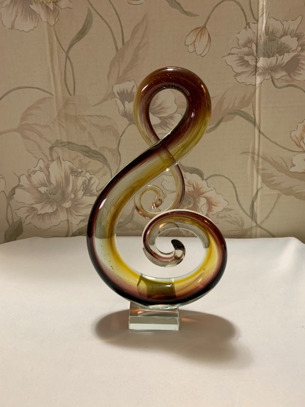Art Glass Clear Yellow Amber Violet 11 1/2" Tall Abstract Twisted Sculpture